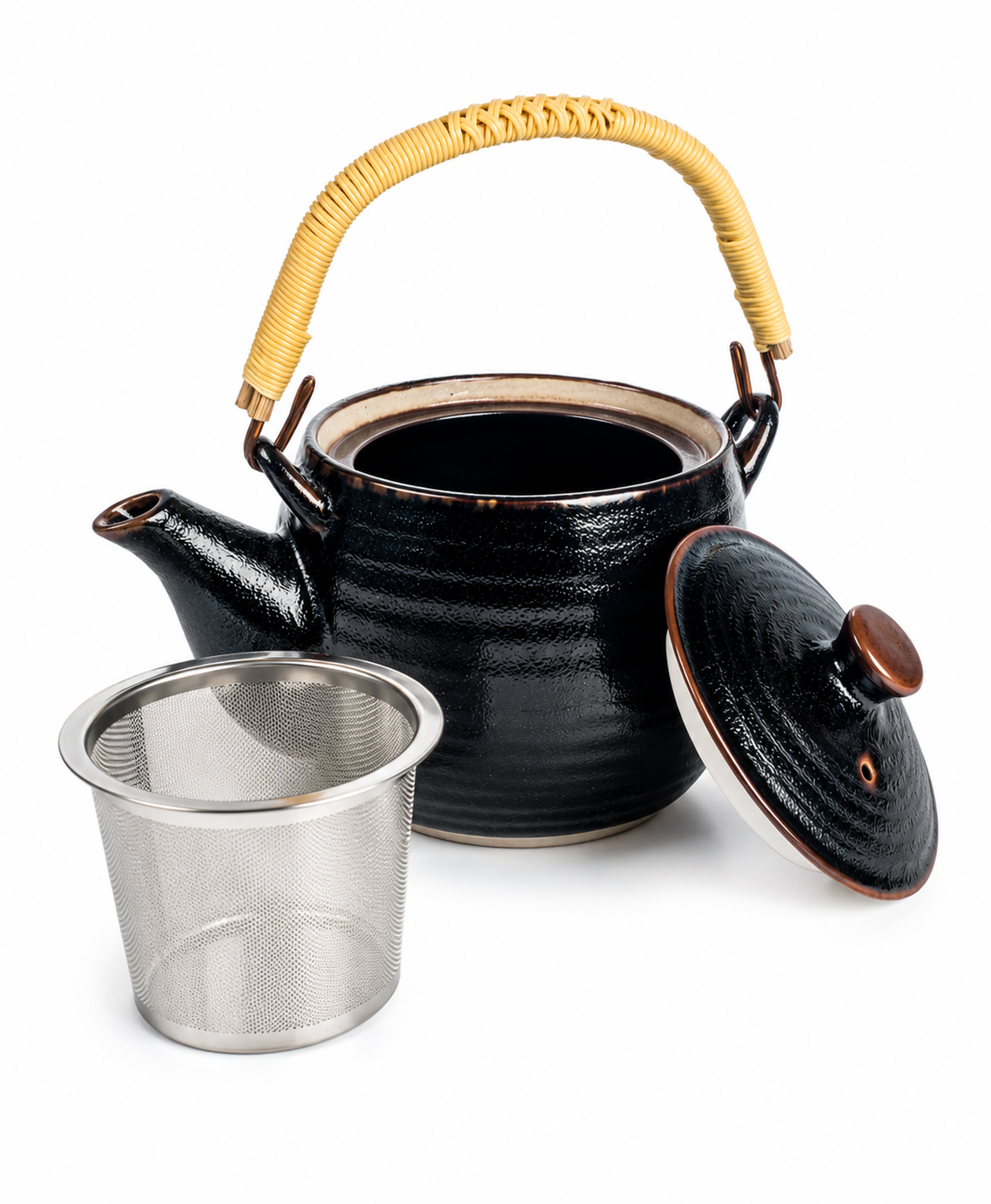 Handmade Japanese Tenmoku teapot with stainless steel tea strainer, black ceramic glaze and bamboo-wrapped handle.