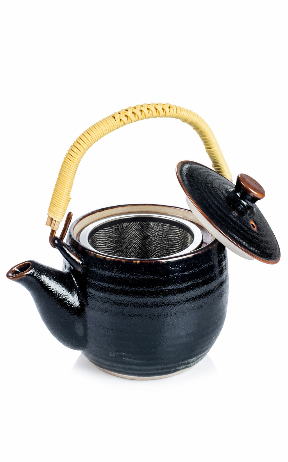 Tenmoku Black Japanese teapot with removable stainless steel tea infuser and traditional black glazed ceramic body.