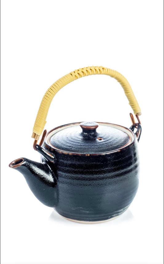 Tenmoku Black Japanese ceramic teapot made in Japan with traditional black speckled glaze, bamboo-wrapped handle and stainless steel tea infuser.