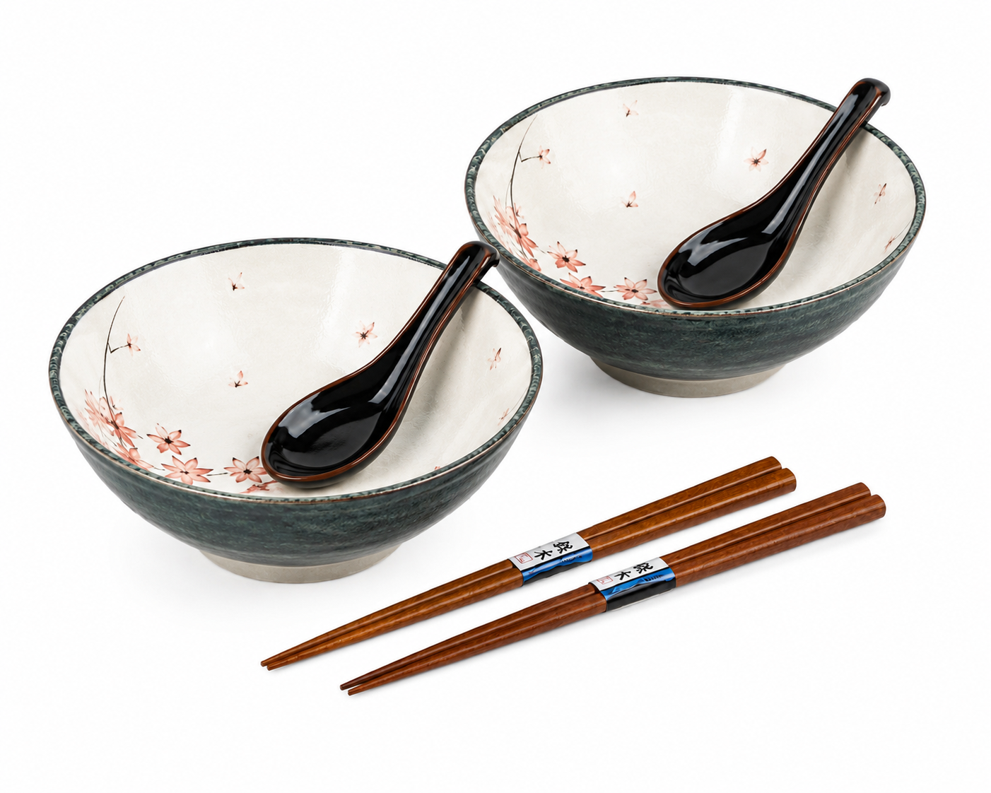 Authentic Japanese ramen bowl gift set featuring  two ceramic maple leaf bowls, black ceramic spoons and wooden chopsticks, made in Japan