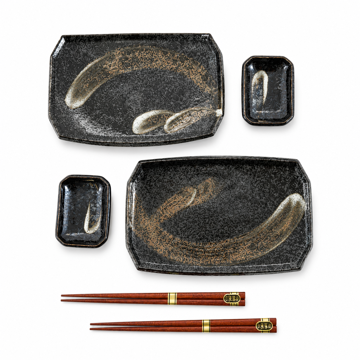 Karasuba-Iro Japanese sushi serving set made in Japan featuring two ceramic sushi plates, two dipping bowls, and wooden chopsticks