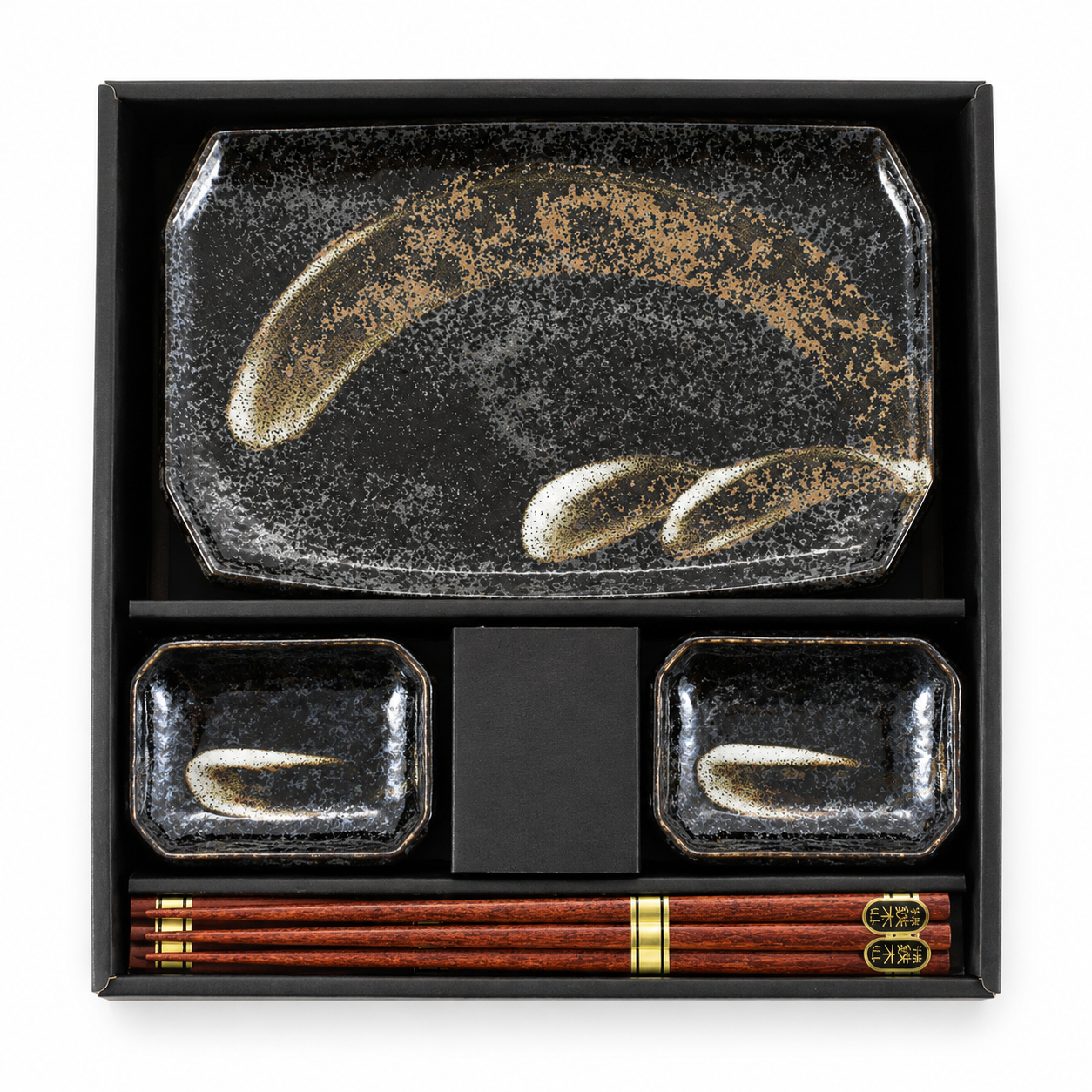Authentic Japanese Ceramic Sushi Serving set handcrafted in Japan with glossy black plates, dipping bowl, and wooden chopsticks