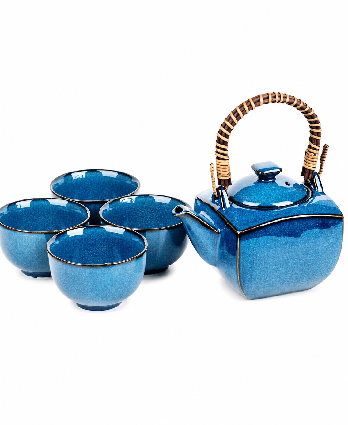 Indigo Blue Namako Japanese tea pot set made in Japan with ceramic teapot, four matching teacups, bamboo handle, and gift box.