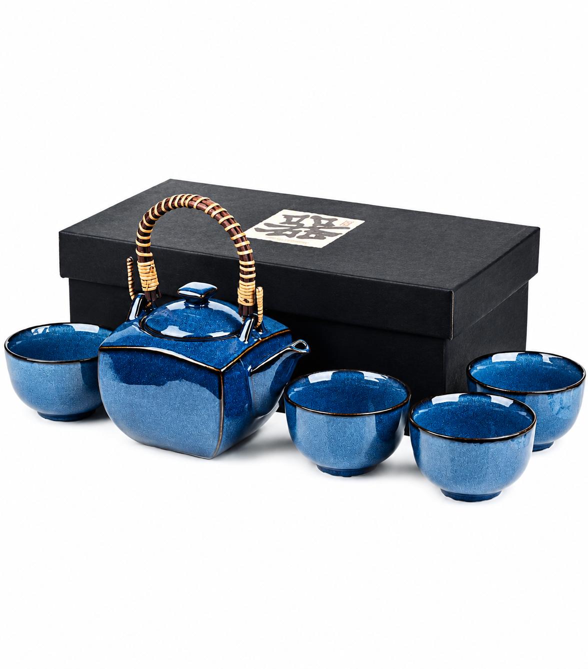 Authentic Japanese Namako tea set featuring an indigo blue ceramic teapot, four handleless teacups, and traditional bamboo handle, made in Japan.