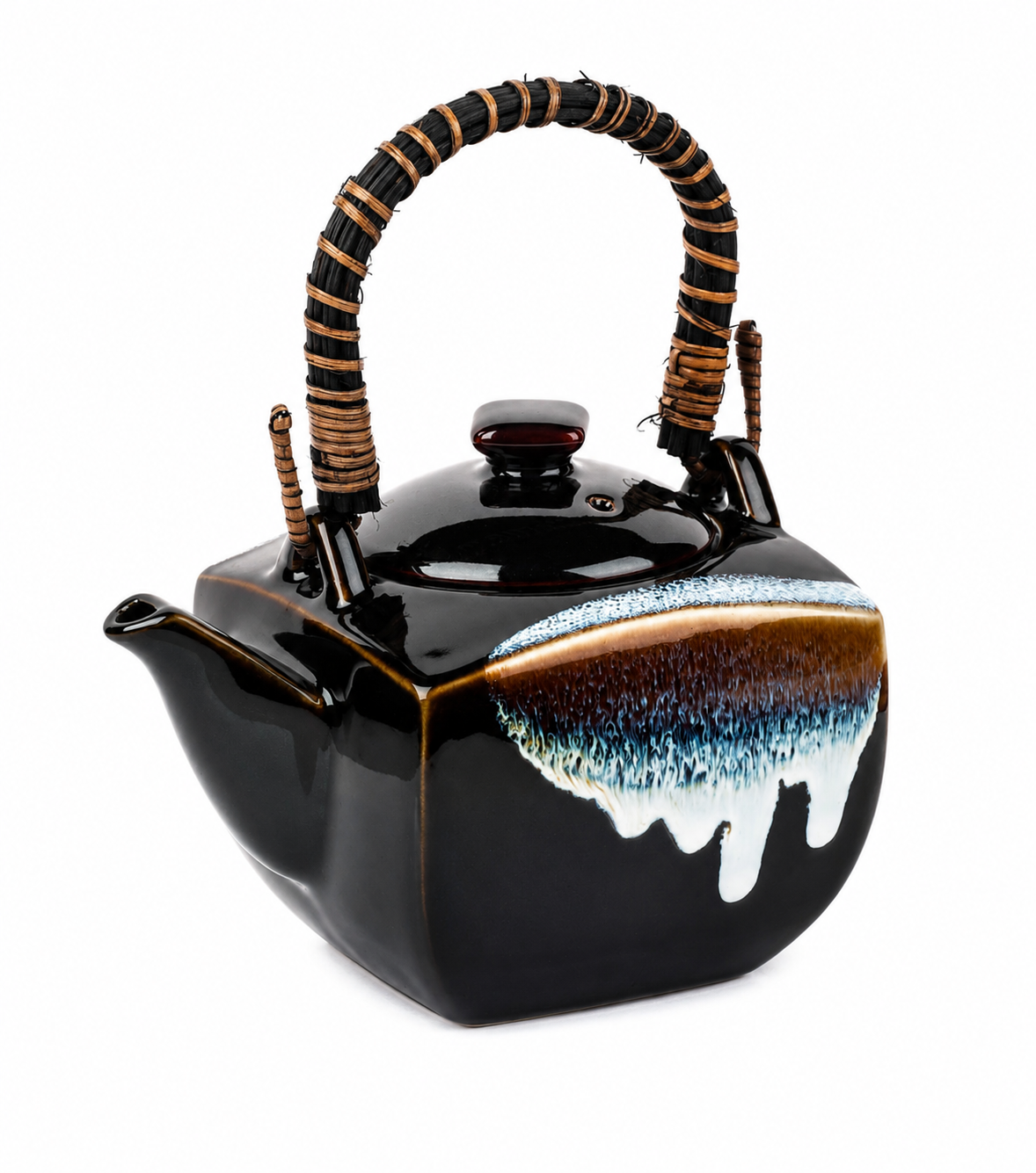 Okinawa Traditional Japanese porcelain tea pot made in Japan with glossy black and white drip glaze, wooden handle, and stainless-steel infuser.
