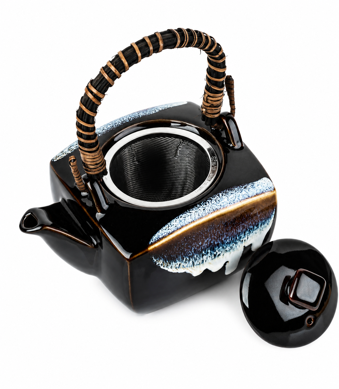 Authentic Okinawa Japanese tea pot handcrafted in Japan featuring a black porcelain body, white drip glaze, bamboo-style wooden handle, and removable tea infuser.