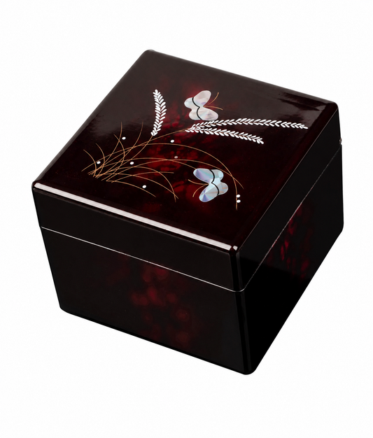 Butterfly Japanese lacquer jewellery box made in Japan with deep wine red and black finish, mother-of-pearl effect butterfly design, mirror, and red felt-lined interior.