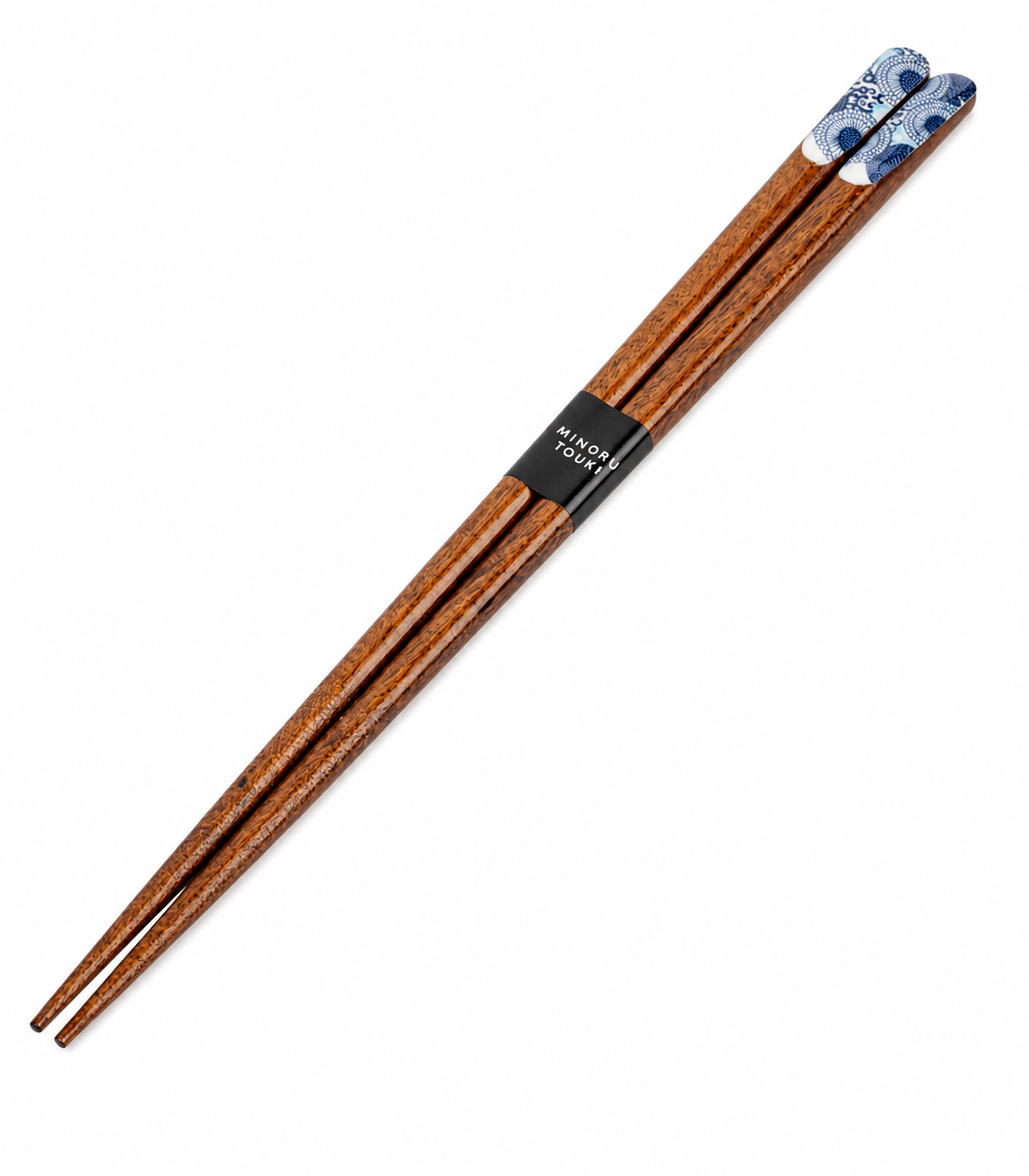 Blue Chrysanthemum Premium Japanese chopsticks made in Japan with dark brown wooden finish, indigo blue floral design, and textured tips for improved grip.