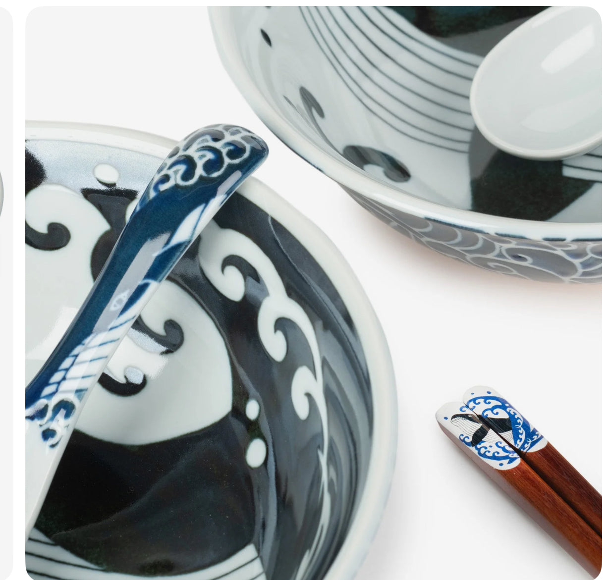 Japanese ceramic ramen bowl set with whale indigo design ,blue and black pattern bowls, spoon and chopsticks