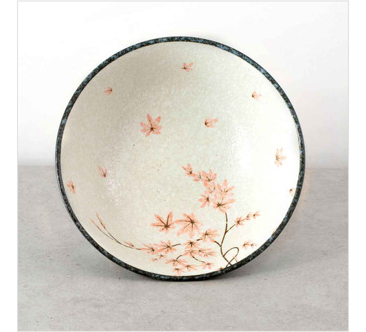 Japanese ceramic ramen bowl with maple leaf design and cream glaze
