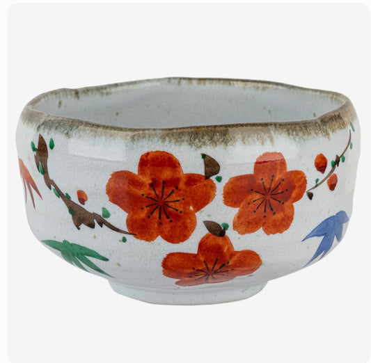 Handmade matcha tea bowl chawan handmade ceramic with red savanna blossom design