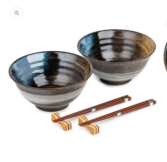 Sapporo Japanese ramen bowl set with blue glaze ceramic bowls, authentic made  inJapan