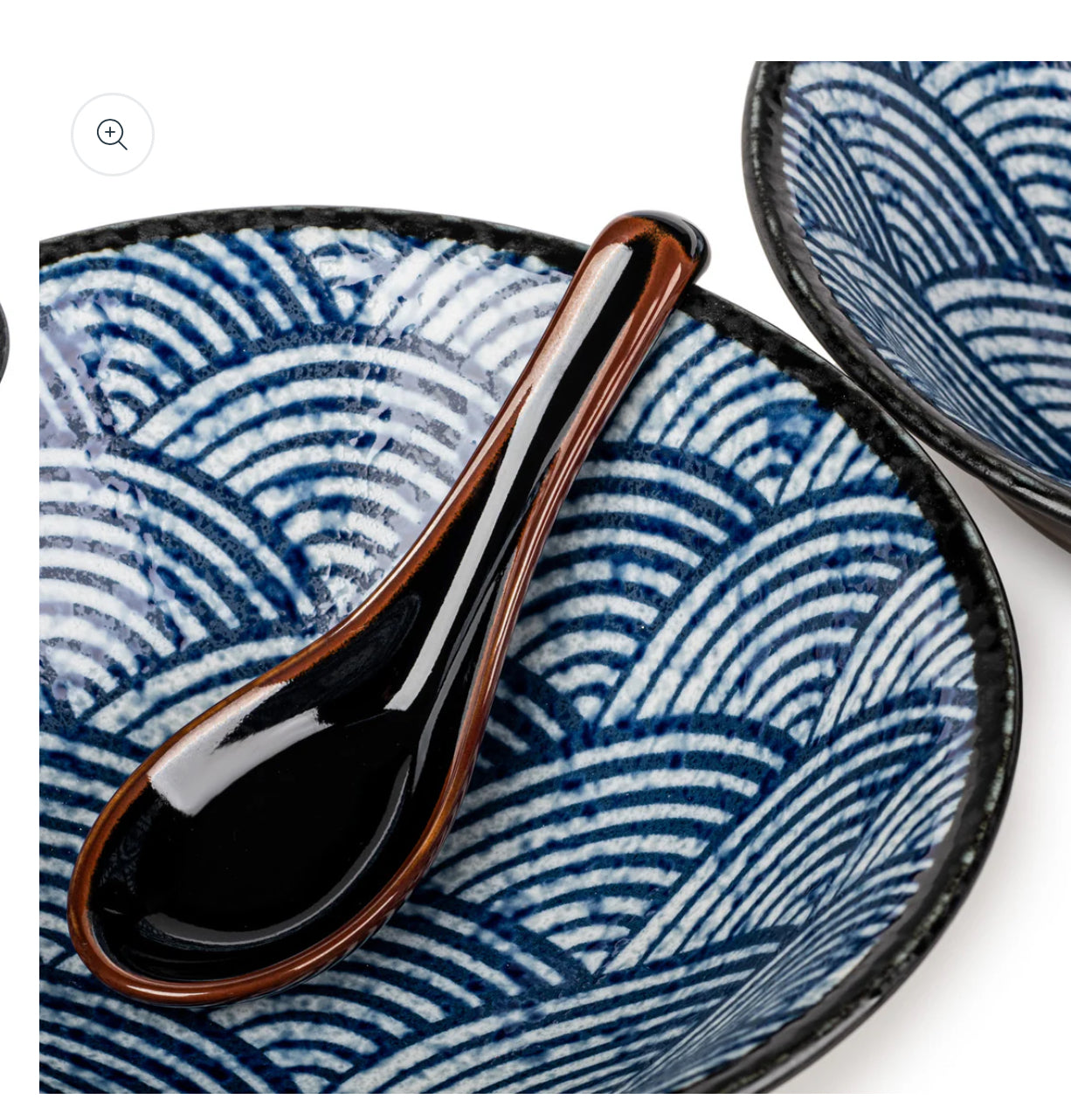 Blue wave japanese ceramic noodle bowl set with chopsticks and soup spoon made in Japan