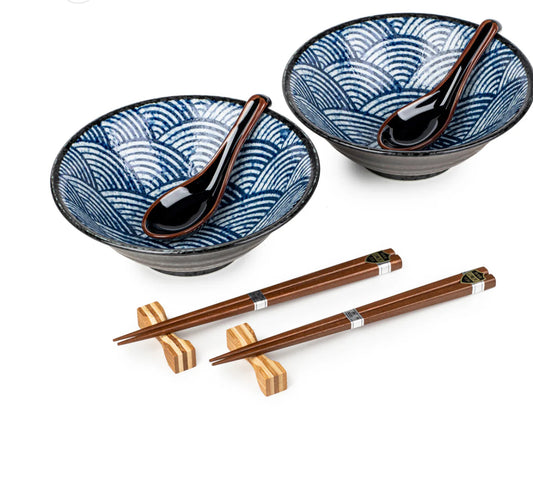 Seikaiha Japanese ramen bowl set blue wave ceramic noodle bowls with chopsticks and soup spoons