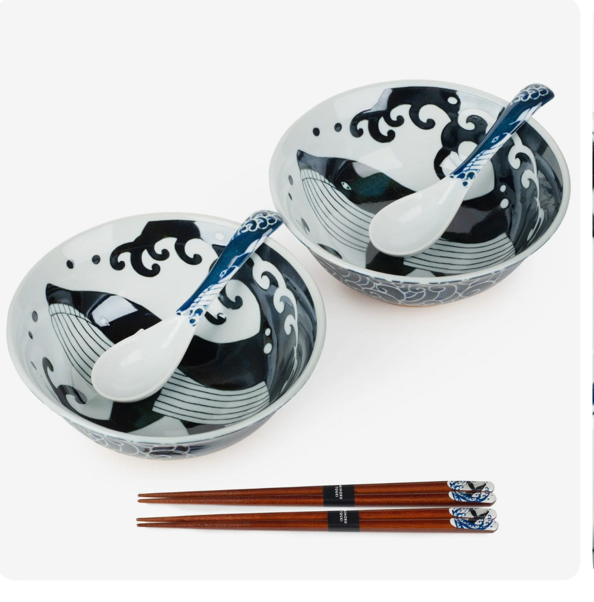 Whale indigo blue Japanese ramen bowl set with ceramic bowls, spoons and wooden chopsticks made in Japan