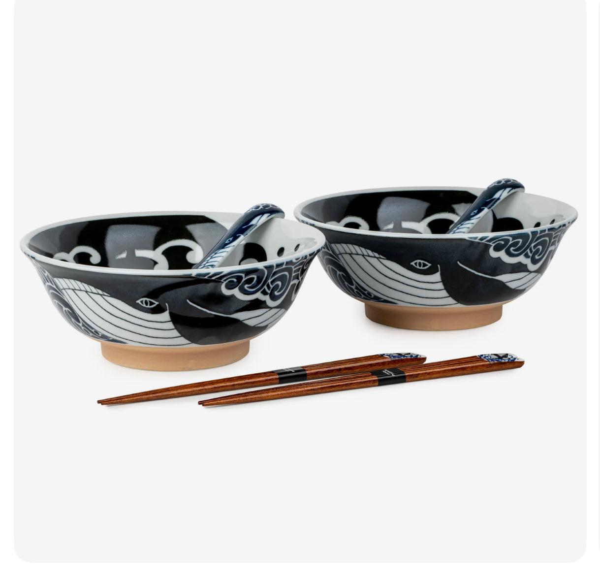Japanese ceramic ramen bowl set with whale design blue and black pattern bowls and spoons and chopsticks