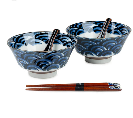 Japanese ramen bowls set with blue wave ceramic bowls, ceramic spoon and wooden ,wave pattern chopsticks