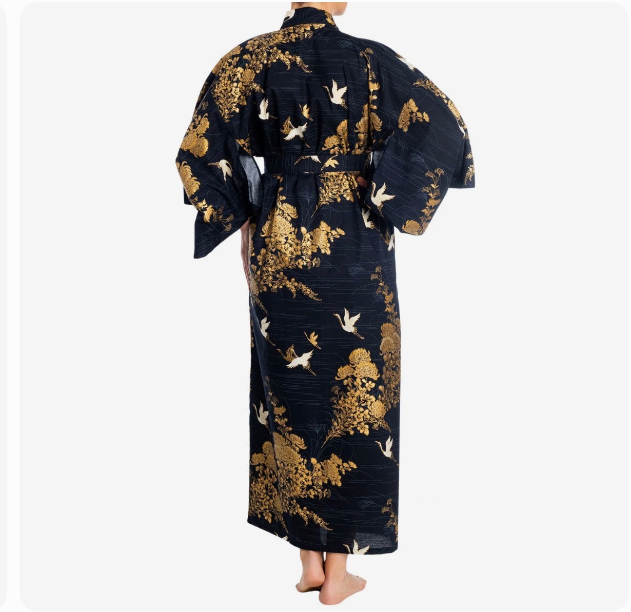 navy blue cotton kimono with gold crane design cotton yukata rope full length