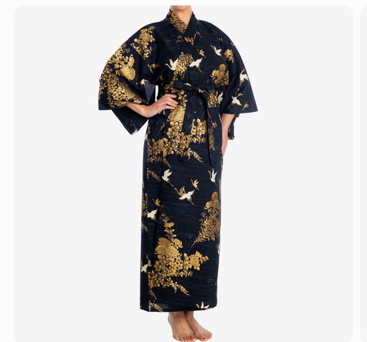 Japanese cotton kimono navy crane chrysanthemum yukata rope made in Japan