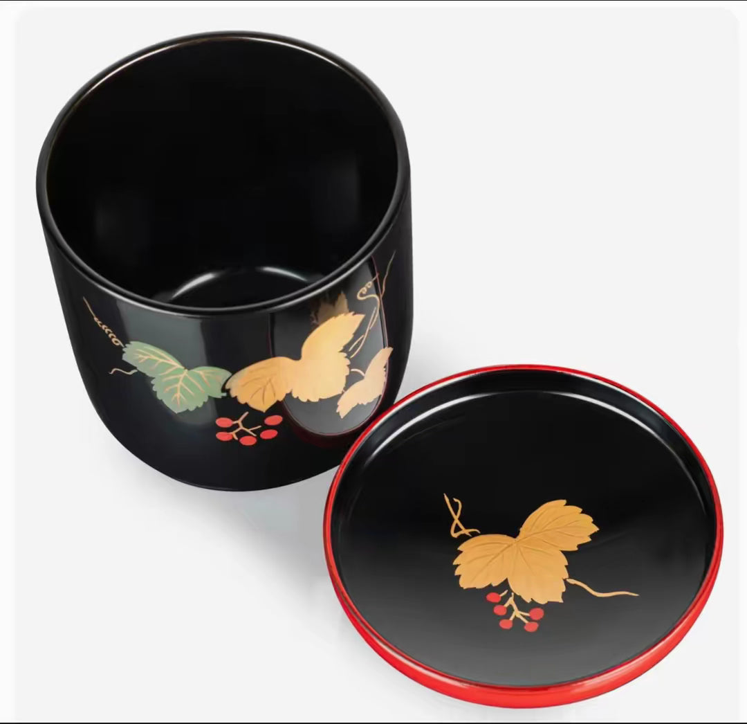 Japanese Lacquer wooden bowl with lid and gold ivy motif on black finish