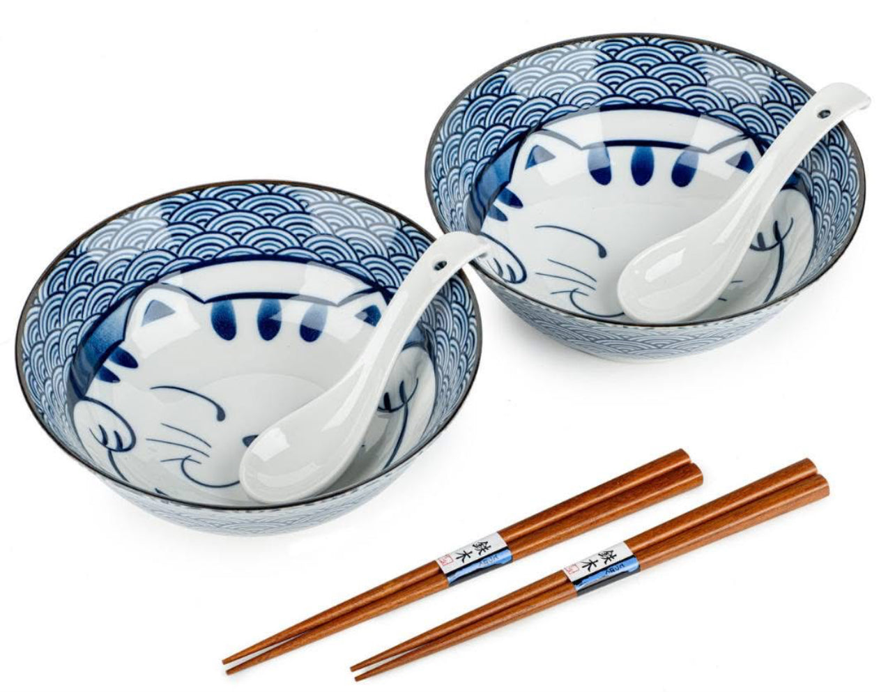 Japanese ramen bowl gift set with two blue and white Procelian bowls featuring cat ,wave and seikaha design, wooden chopsticks and white ceramic spoons ,made in Japan.