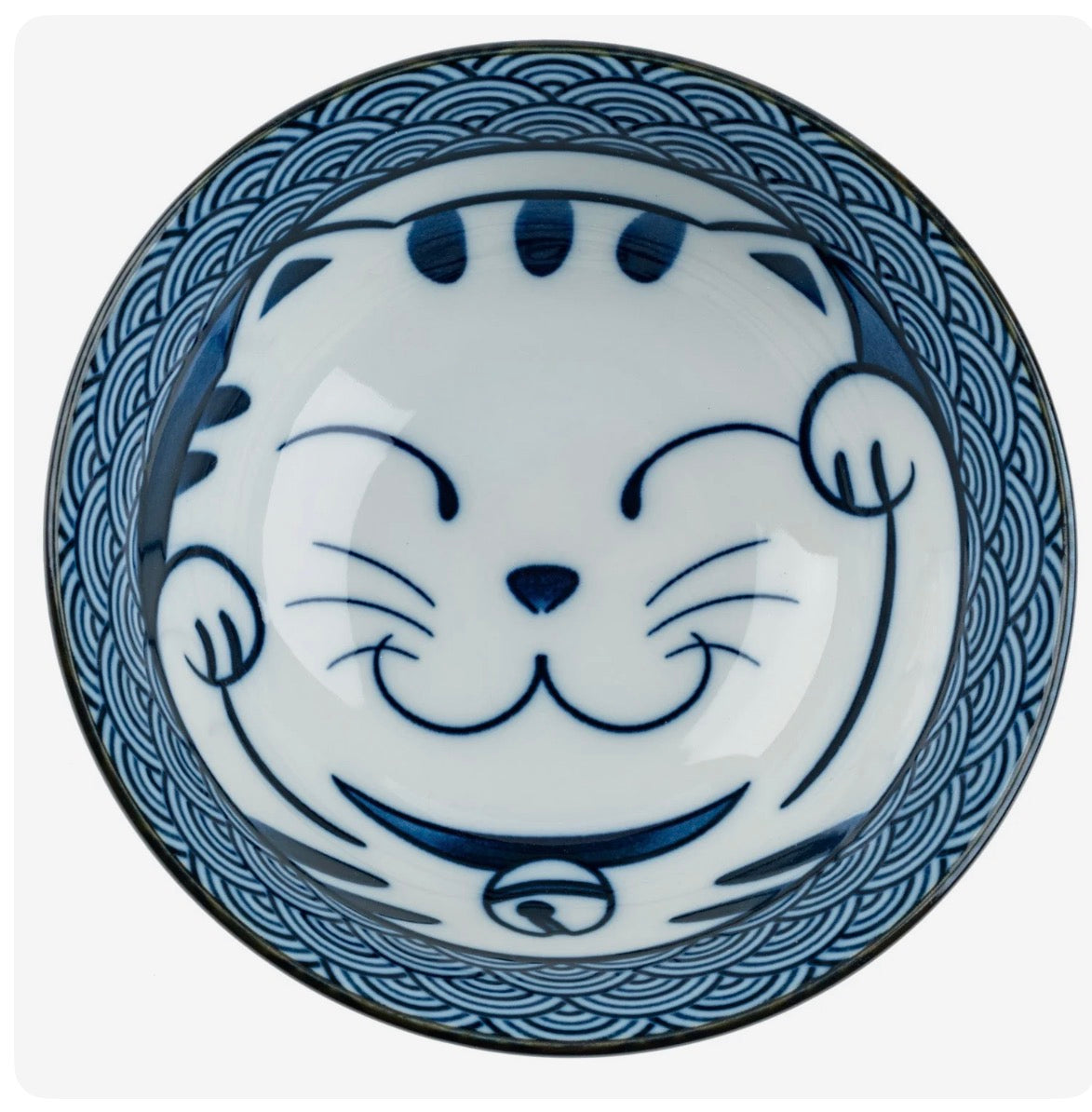 Japanese ceramic soup bowl with lucky cat design and Seikaiha pattern