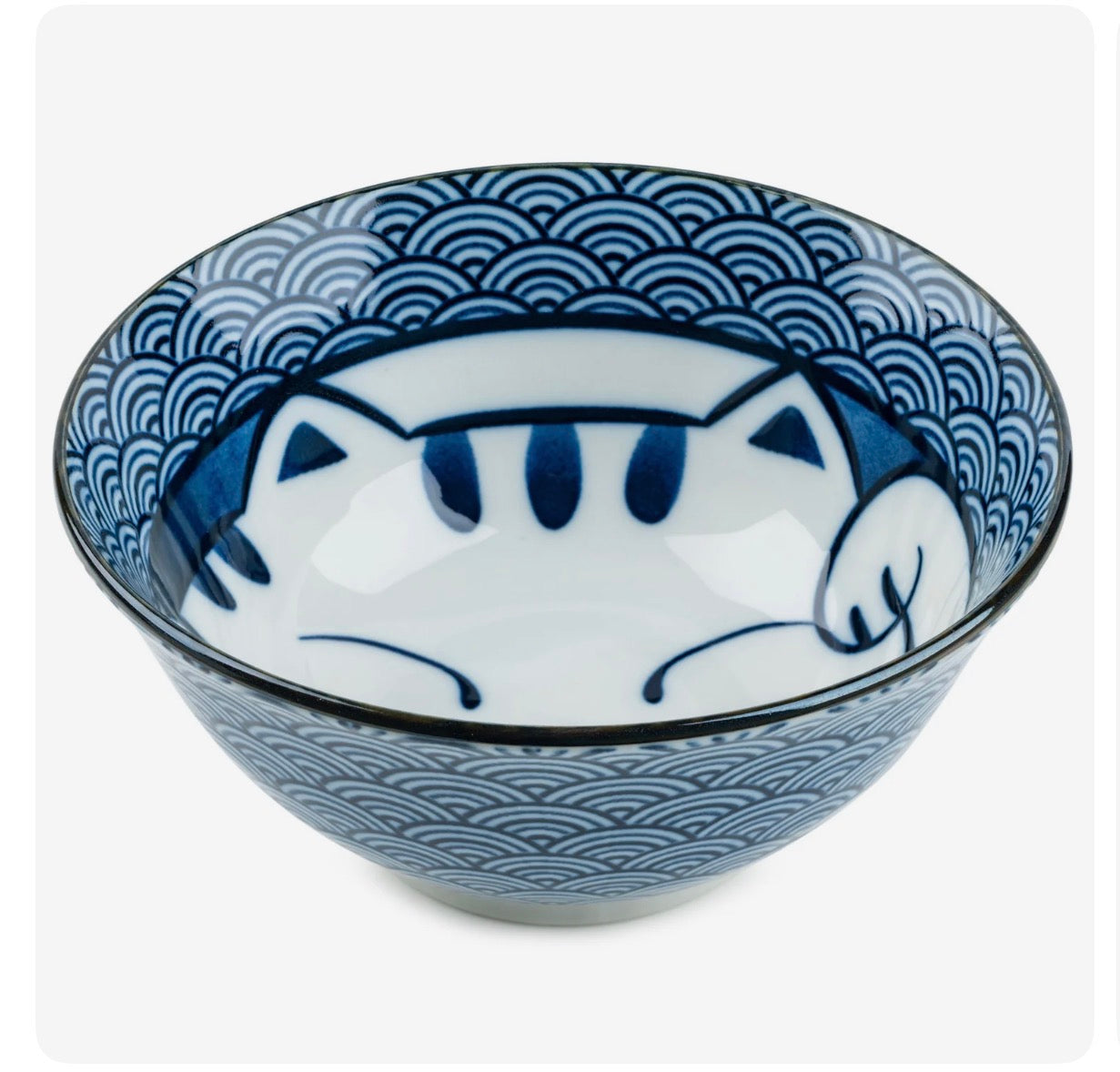 Lucky cat Japanese tayou bowl-ceramic soup bowl with blue Seikaiha wave pattern and cat design

