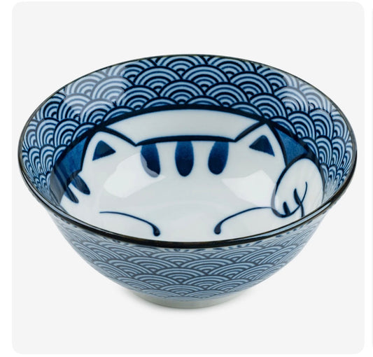 Lucky cat Japanese tayou bowl-ceramic soup bowl with blue Seikaiha wave pattern and cat design

