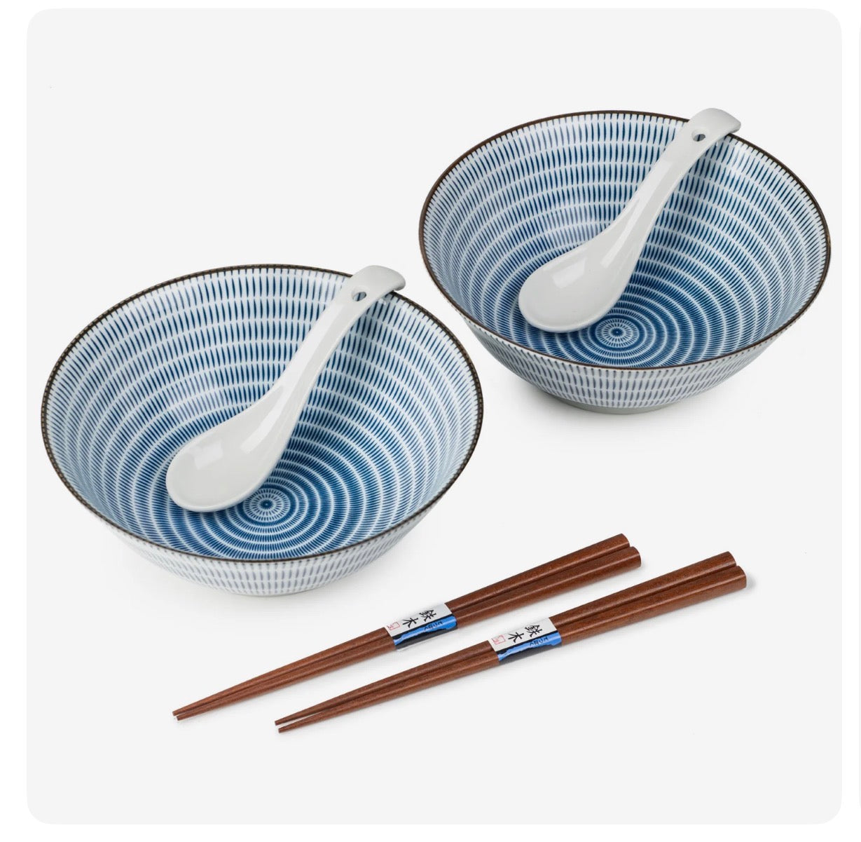 Japanese Tochiri ramen bowl set with blue pattern ,porcelain bowl ,spoon and wooden chopsticks