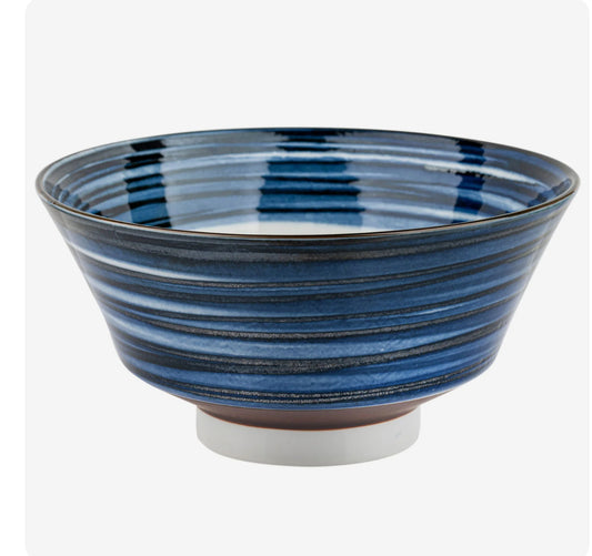 Komasuji Blue Swirl Japanese ramen bowl made in Japan with indigo blue and white porcelain Swirl design