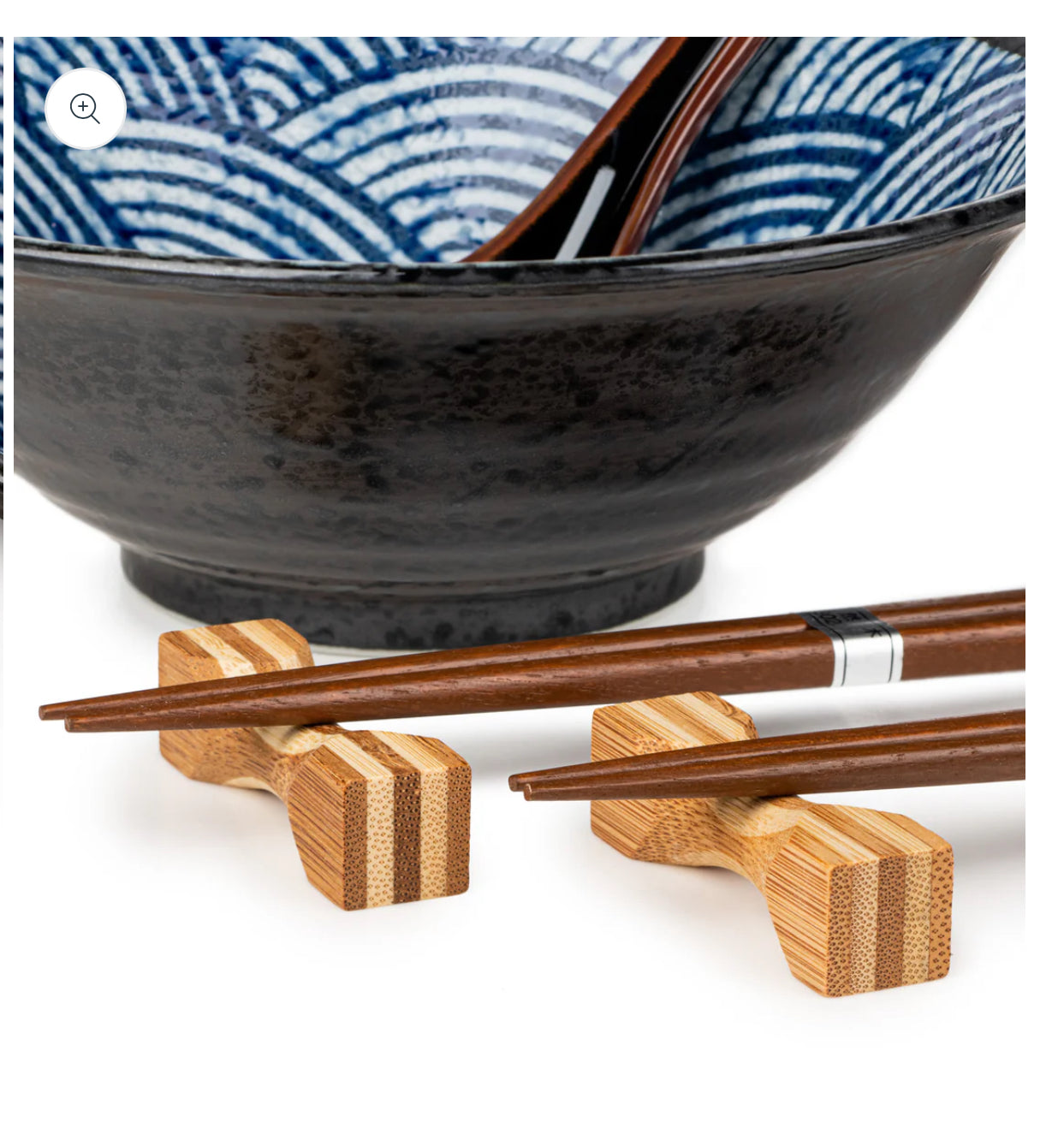 Japanese ramen bowl set with blue Seikaiha wave design ceramic bowls, chopsticks and spoons