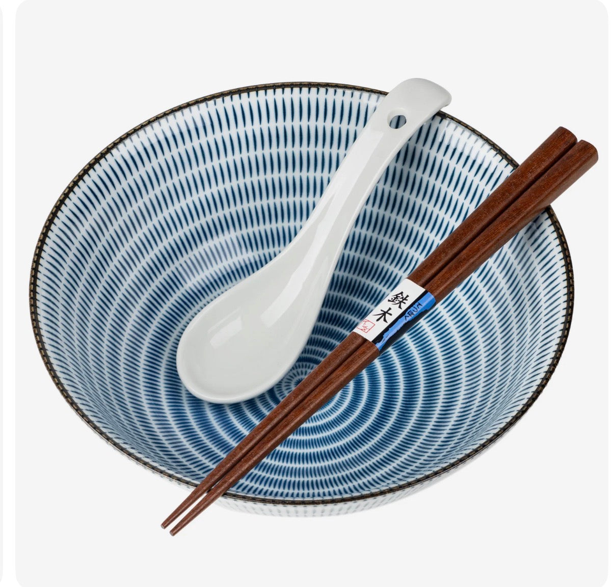 Japanese Tochiri porcelain bowl set with blue  geometric pattern,soup spoons and wooden chopsticks
