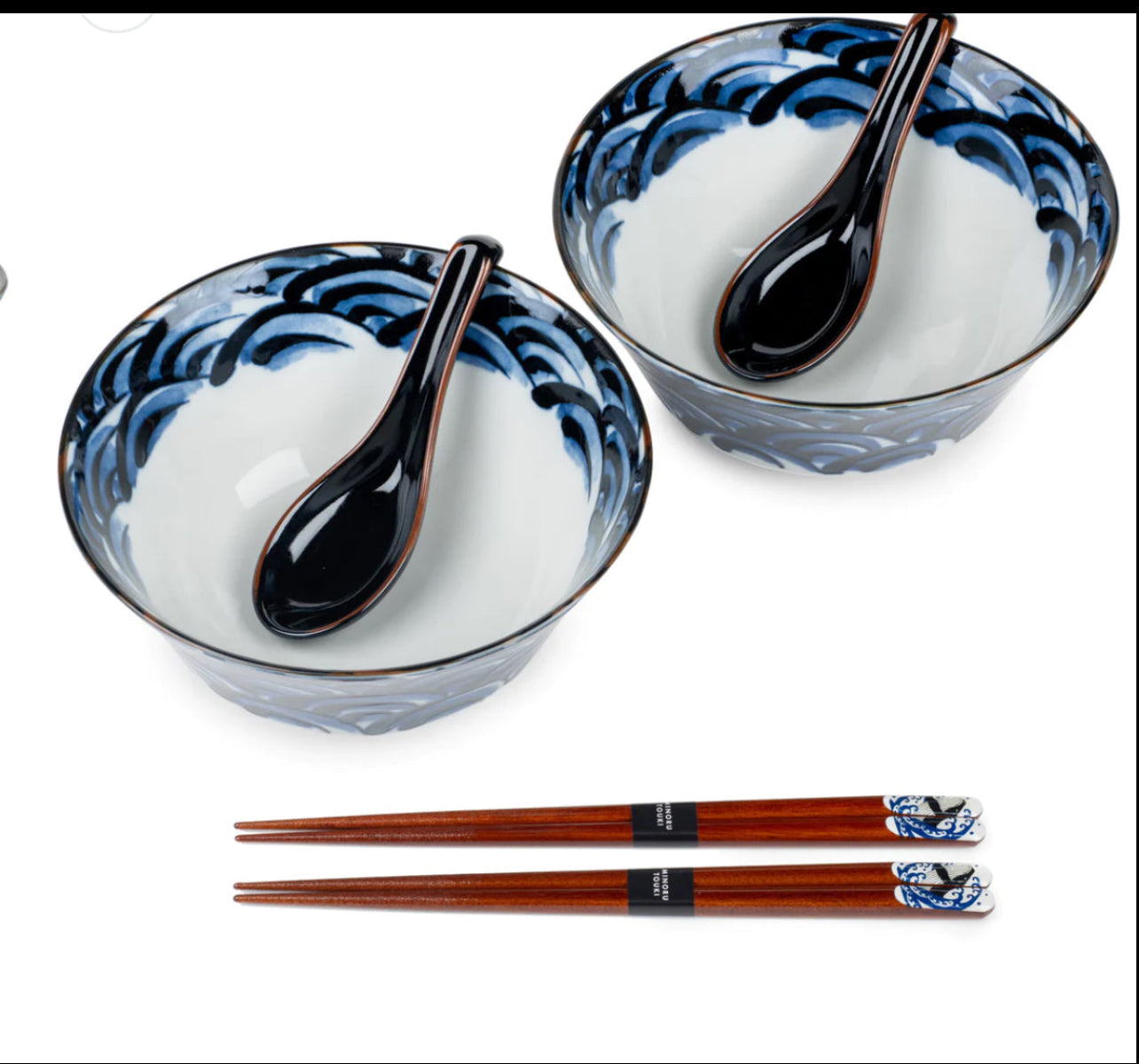 Authentic Japanese ramen bowls with blue pattern ceramic design ,spoon and chopstick made in Japan