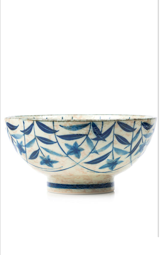 Japanese Kikyo ramen noodle bowl made in Japan with indigo blue floral pattern and creamy grey - blue porcelain glaze