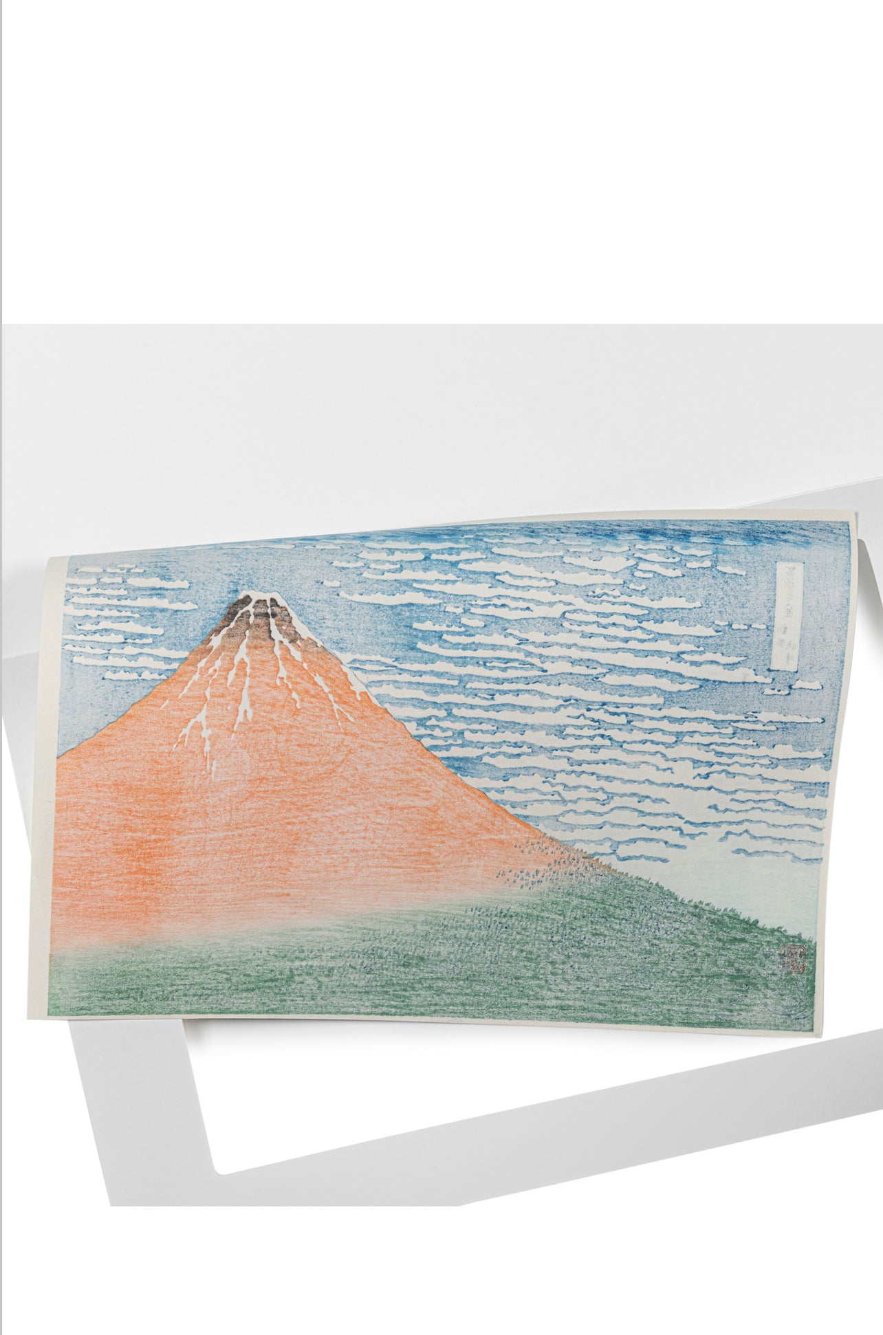 Framed Mount Fuji on Breezy Clear Day Woodblock Print