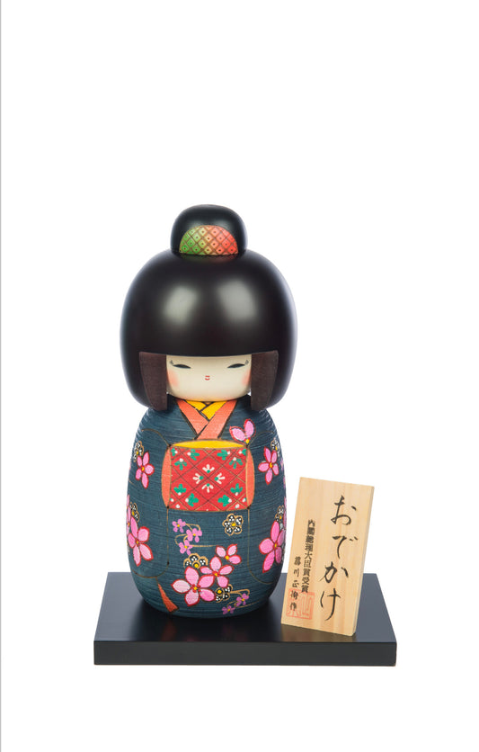 Large Premium Navy Floral Japanese Kokeshi Doll
