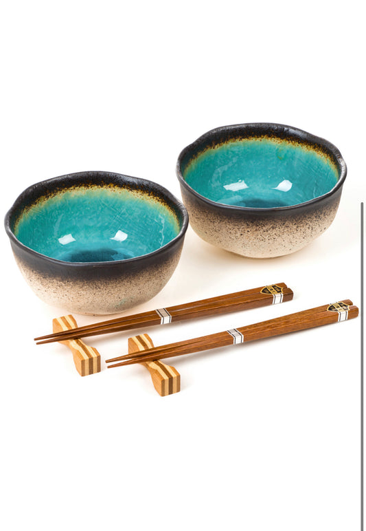 Turquoise Crackleglaze Japanese Bowl Set