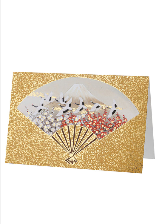 Gold Fan Mount Fuji and Cranes Japanese Card.