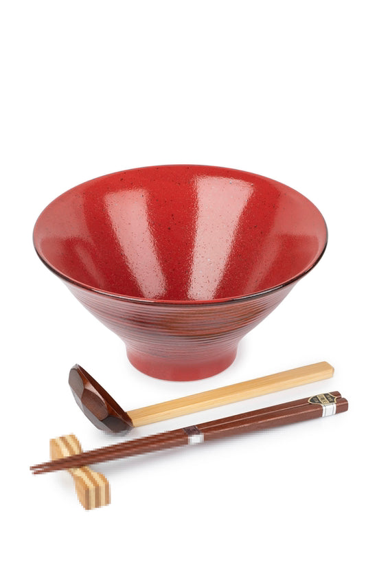 Momiji Premium Japanese ramen noodle bowl set made in Japan with deep red porcelain bowl ,wooden chopsticks,and soup spoon