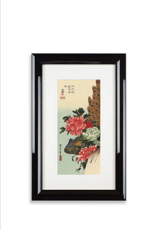 Framed Peacock and Peonies Hiroshige woodblock print
