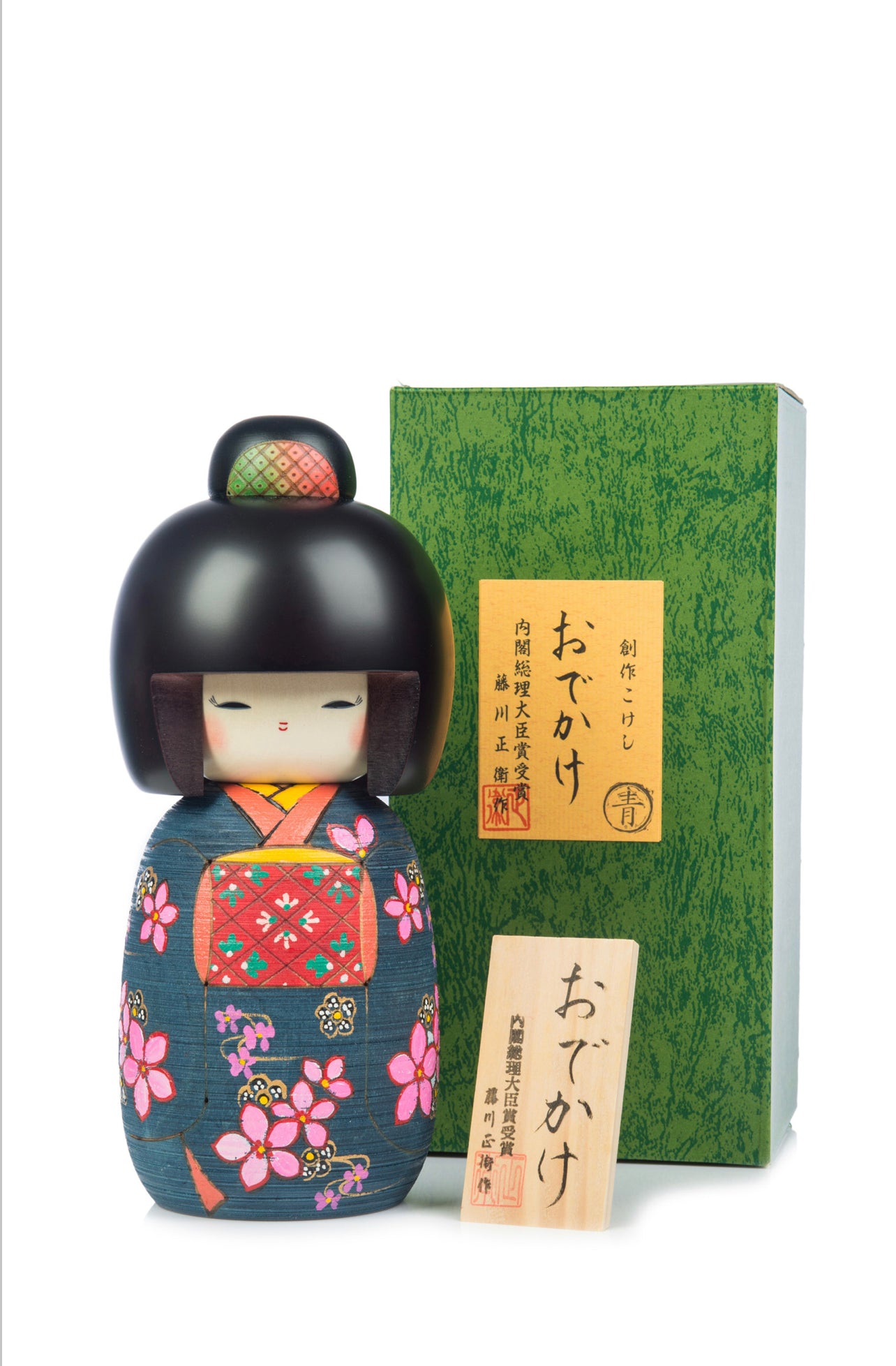 Large Premium Navy Floral Japanese Kokeshi Doll