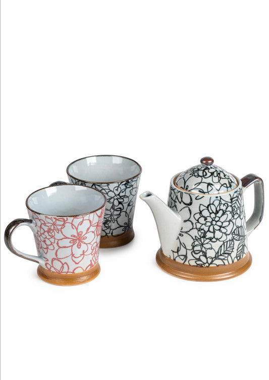 hand drawn flower pattern japanese tea pot set