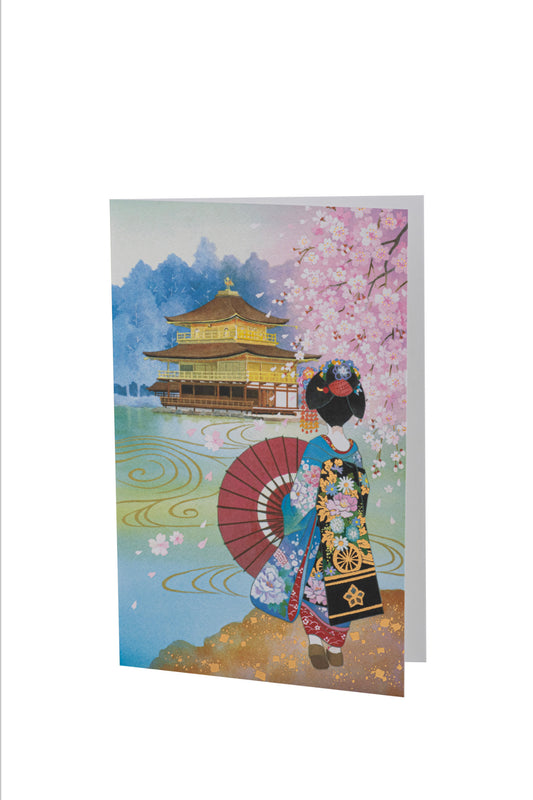 Pretty Geisha at Golden Temple Japanese Card