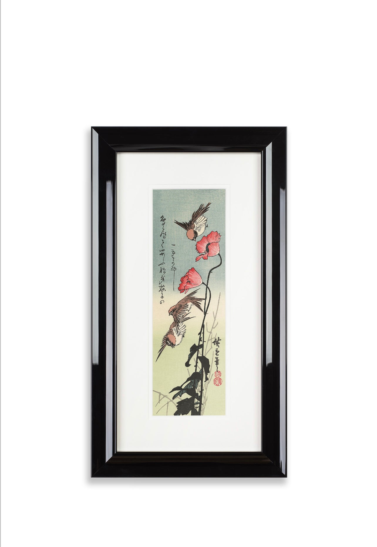 Framed Sparrows and Poppies Hiroshige Woodblock Print