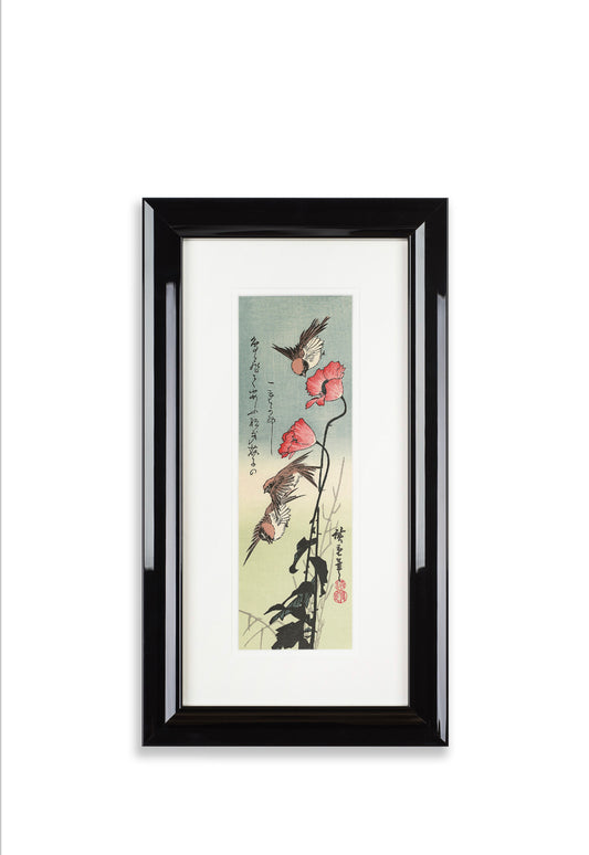 Framed Sparrows and Poppies Hiroshige Woodblock Print