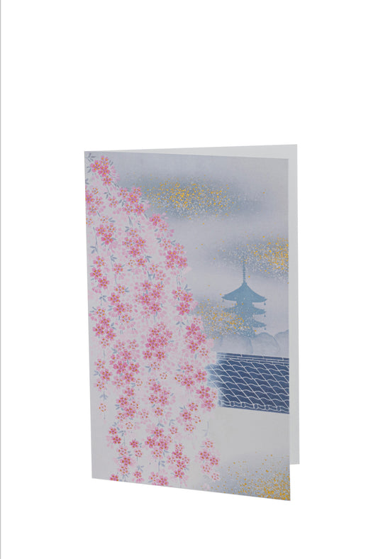 Pink Cherry Blossom and Temple Japanese Card.
