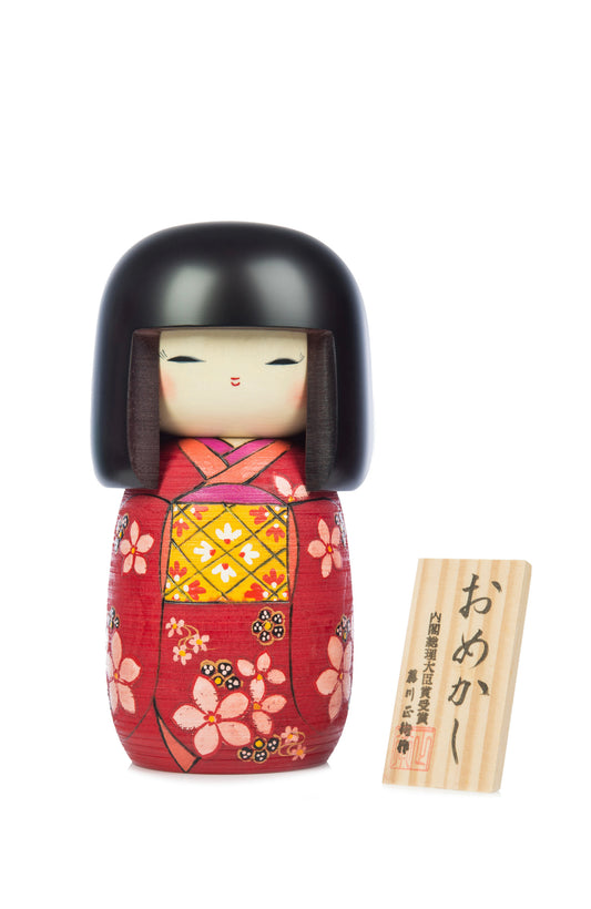 Large Premium Red Floral Japanese Kokeshi Doll