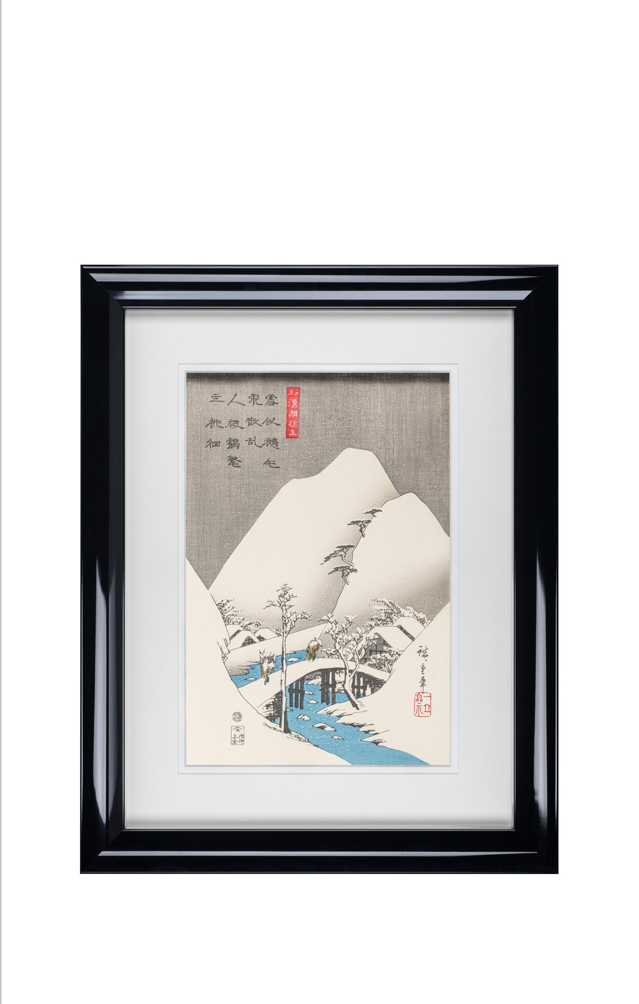 Framed Man Crossing Bridge Japanese Woodblock Print