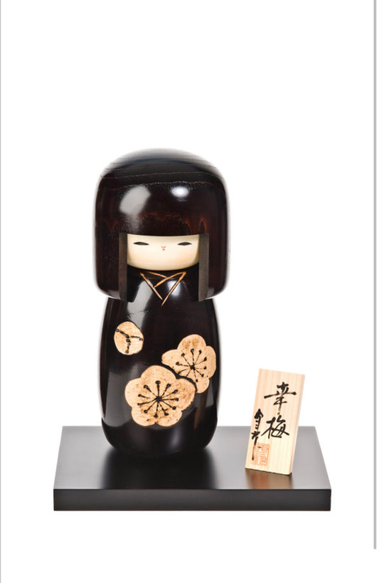 Black Happy Blossom Wooden Kokeshi Doll