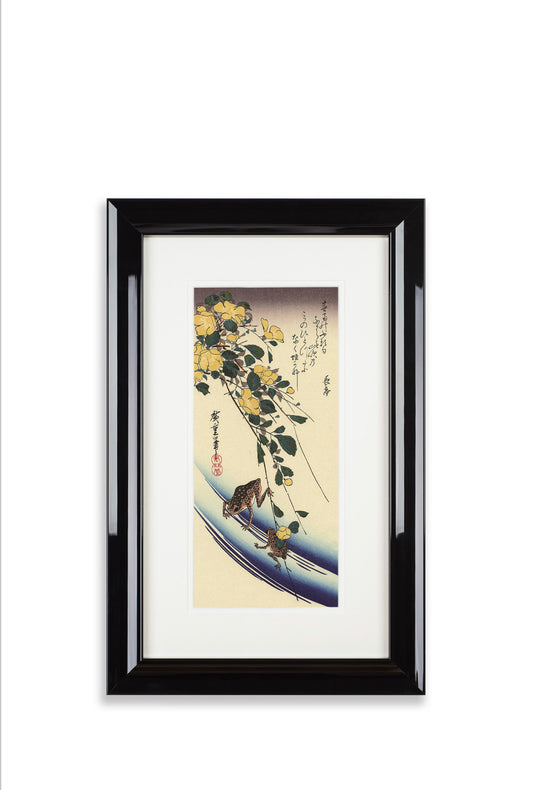 Framed Yellow Rose and Frogs Hiroshige Woodblock Print